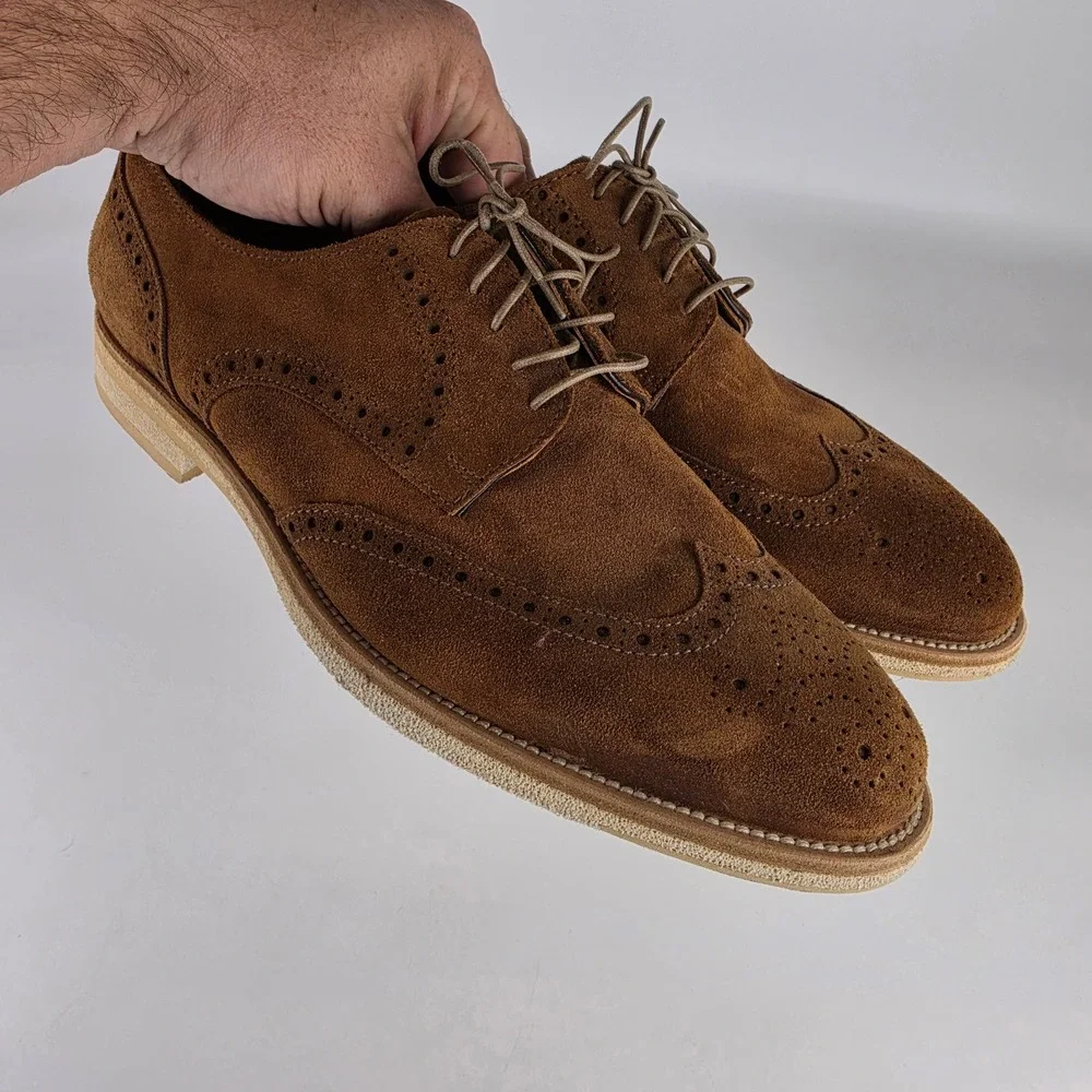 Bruno Magli Mens Brown Suede Wingtip Brogue Derby Shoes Made in Italy Size 8.5